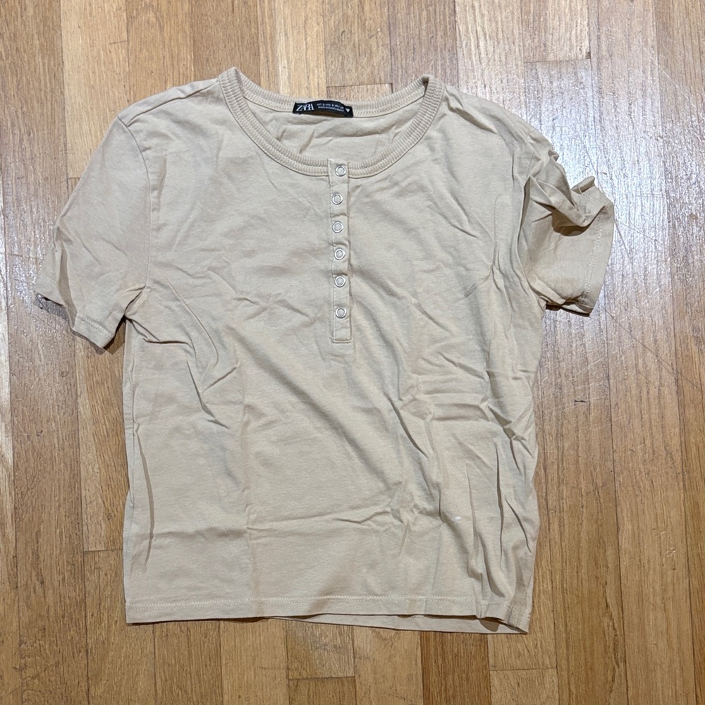 ZARA Beige Short Sleeve Henley Tee